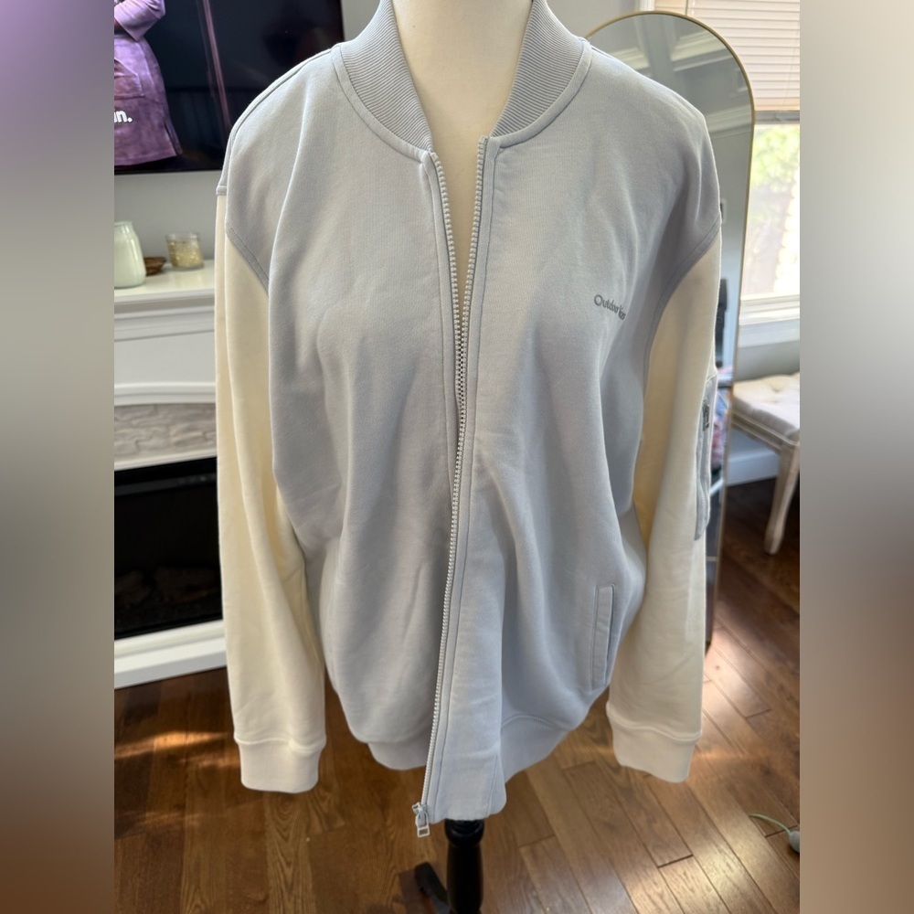 BNWT Outdoor Voices Light Blue and Cream Bomber Jacket small hole in back